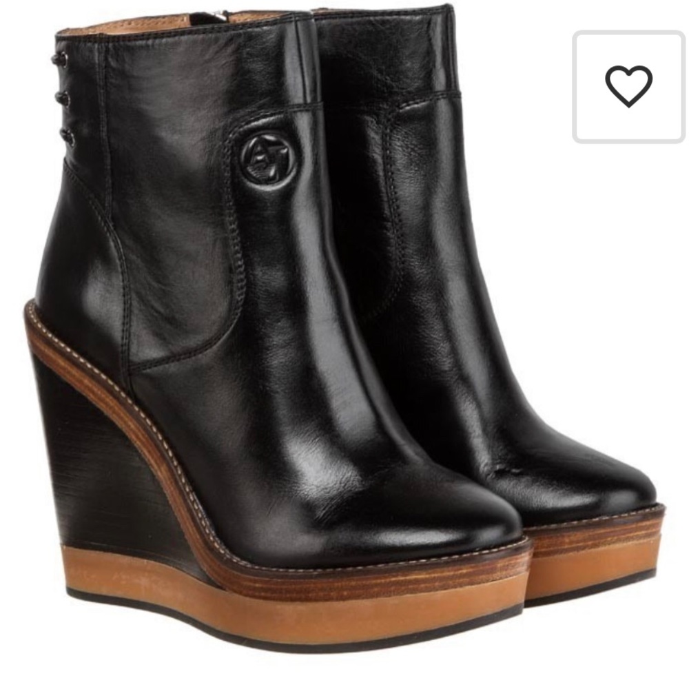 Armani Jeans Brand Black Leather Wedge Booties Size 38 EUR 7.5 US Lightly worn